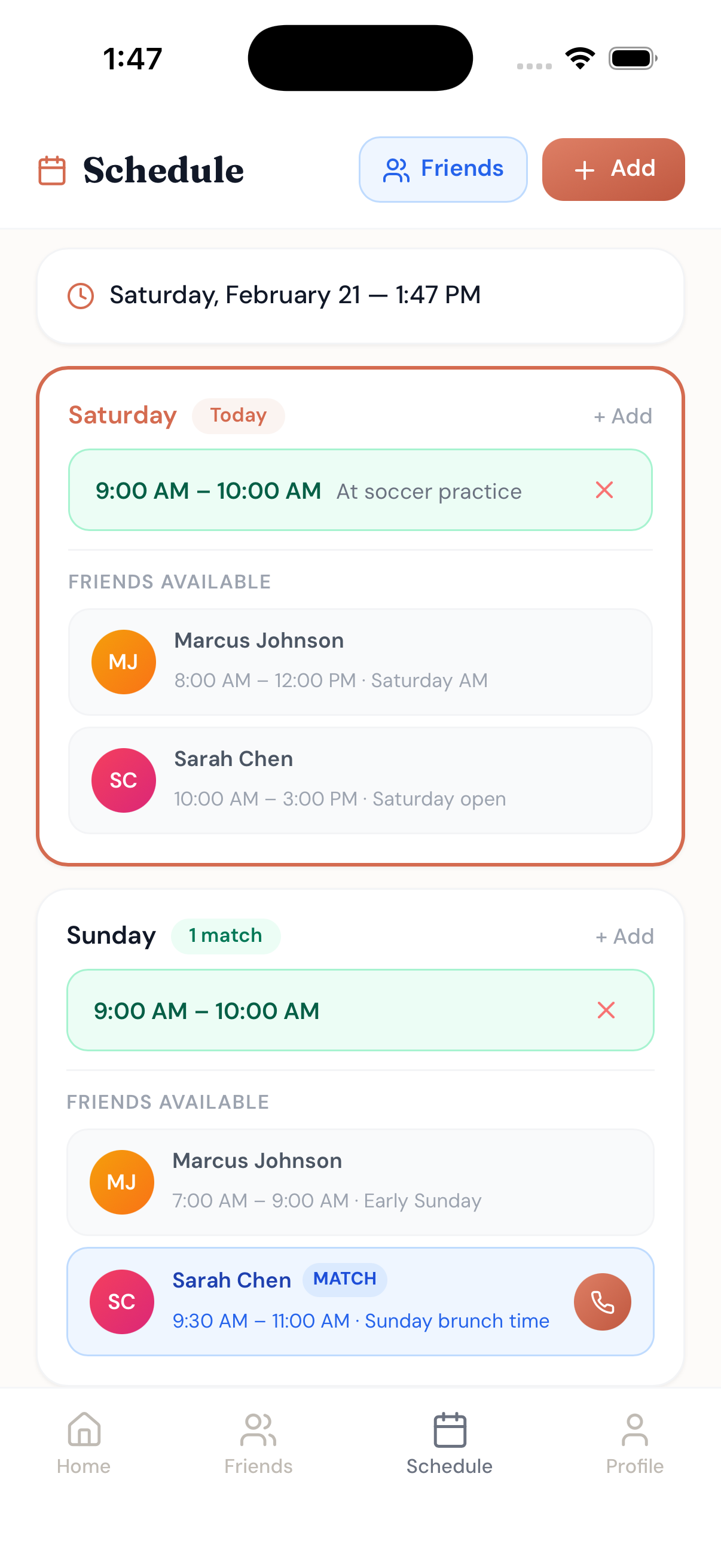 CallMe schedule view showing weekly availability overlaps